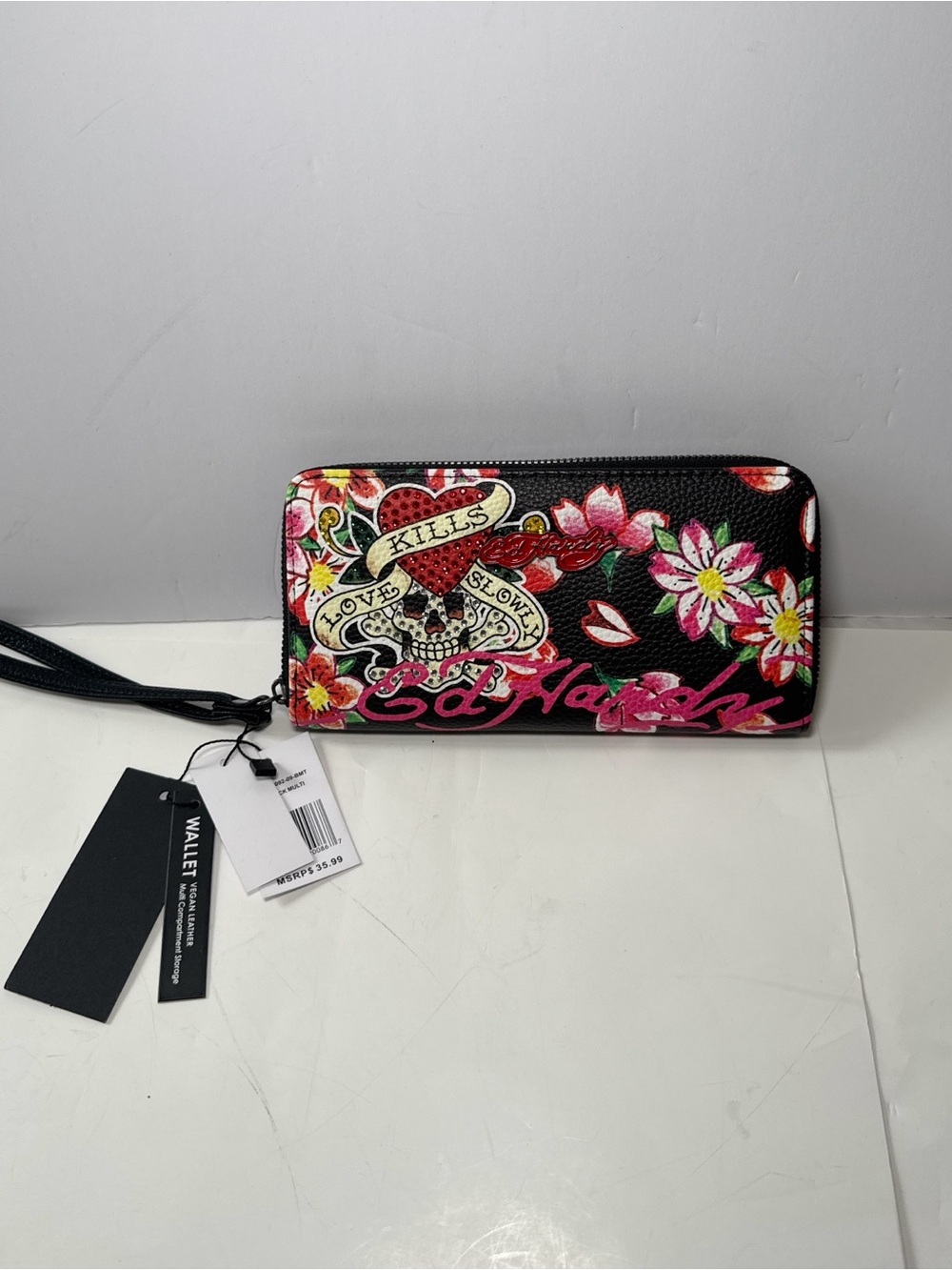 Ed Hardy Love Kills Slowly Skull Floral Zip Around Wallet Wristlet Black New